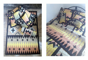 Peaks' rug with Elements' patchwork cushions and quilt roll. Also showing patchwork quilt on bed with cushions and rug.