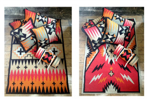 Peaks' and Storm' rugs with assorted Elements' patchwork cushions and quilt roll.