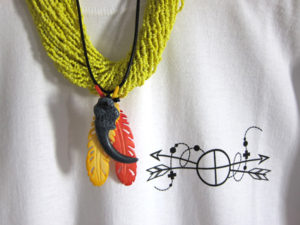 Muroc' arrows to front, Elemental Crow' to back shoulders. Shown with acid yellow multi seed bead cluster and hand carved and hand dyed bone necklaces.
