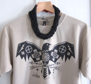 Elemental Crow' taupe tee. Shown with multi seed bead cluster necklace in black.