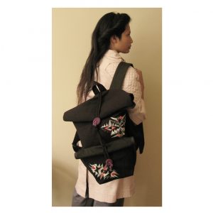 Denim + vegan leather backpack with embroidery detail