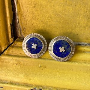 Large Handmade Silver + Lapis Lazuli Sun Earrings.