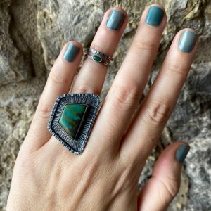 Brutalist Inspired Trapezoid Royston Turquoise And Sterling Silver Ring
