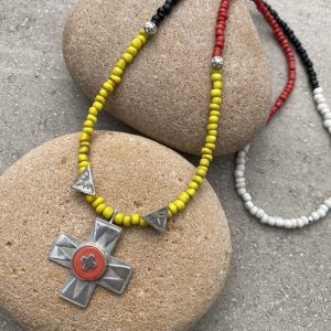 Handmade Silver + Coral Winged Cross Necklace.