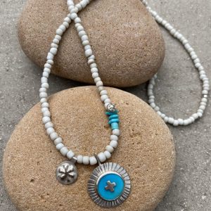 Handmade Silver + Sleeping Beauty turquoise Sun + Wheel Necklace.