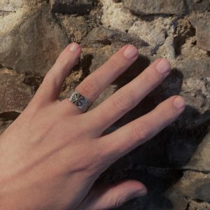 Hand Stamped Sterling Silver Band With Hand Forged Solid Silver Concho Detail