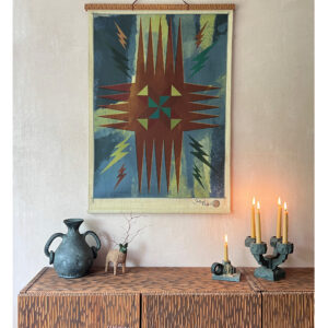 Shattered Pinwheel’ Linen, Wood + Brass Wall Hanging ~ Denim Blues and Rust