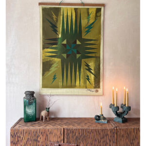 Shattered Pinwheel’ Linen, Wood + Brass Wall Hanging~ Greens